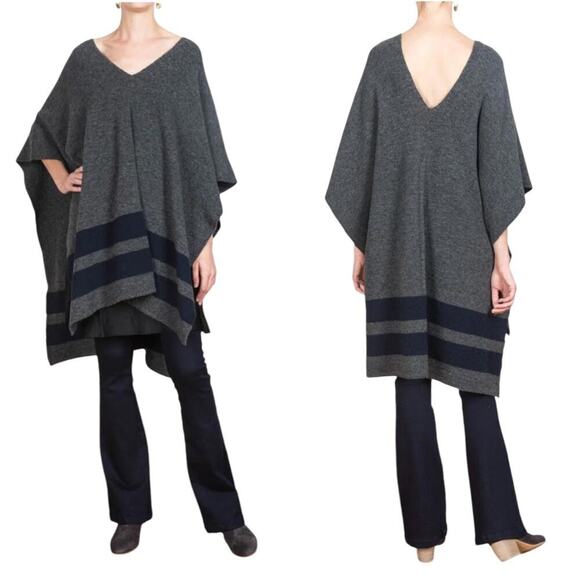Jenni Kayne Stripe Poncho In Charcoal Navy One Size Italian Wool Yak Blend - Picture 1 of 12